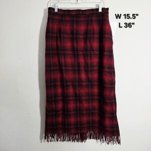 Plaid Red and Black Midi Skirt With Fringe Hem Large